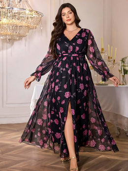 jkthpu-45 Plus Size, TOLEEN Women's Elegant Deep V-Neck Maxi Dress with Puff Sleeve & Floral Print - Floor-Length Formal Party Wedding Evening Gown, Hand Washable All-Season Long Dress in Black & Purple Floral Pattern, Structured Fitted Silhouette with Chest Ruffle