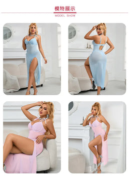 KissICON Plus Size transparent mesh pink/blue woman long nighgown babydoll pajama sets lingerie sets from M-3XL
