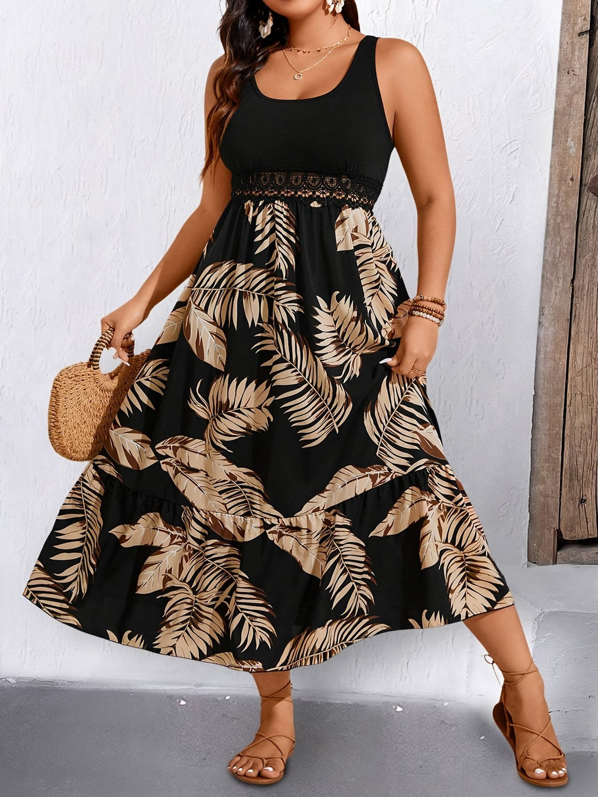 jkthpu-45 Plus Size Tropical Lace Patchwork Summer Vacation Dress