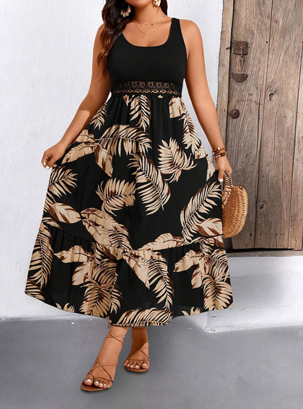 jkthpu-45 Plus Size Tropical Lace Patchwork Summer Vacation Dress