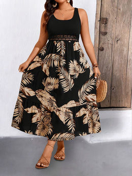 jkthpu-45 Plus Size Tropical Lace Patchwork Summer Vacation Dress