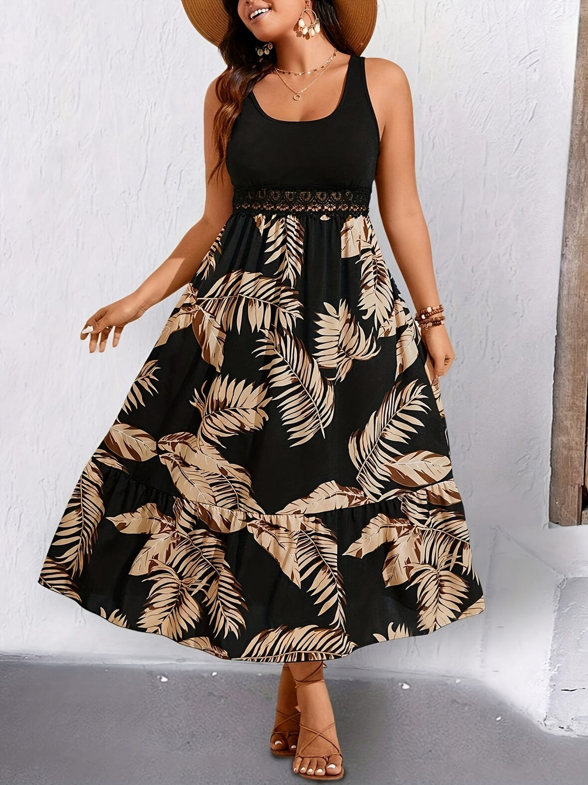 jkthpu-45 Plus Size Tropical Lace Patchwork Summer Vacation Dress