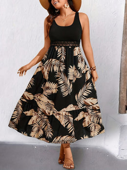 jkthpu-45 Plus Size Tropical Lace Patchwork Summer Vacation Dress