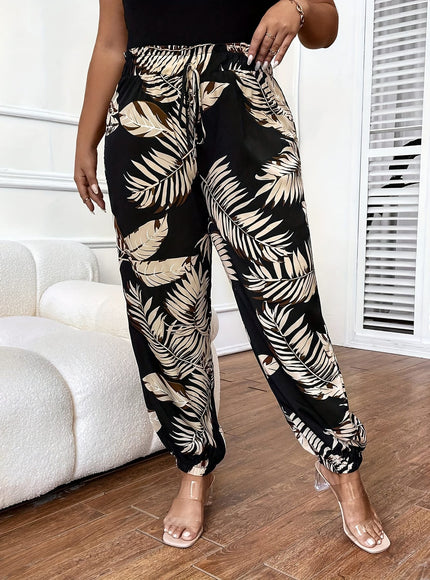 jkthpu-45 Plus Size Tropical Print FrontTie WideLeg Pants