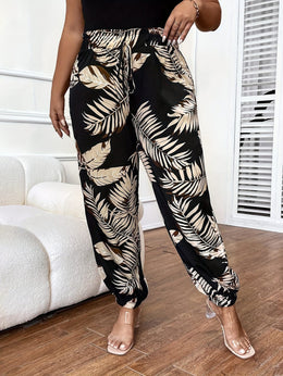 jkthpu-45 Plus Size Tropical Print FrontTie WideLeg Pants