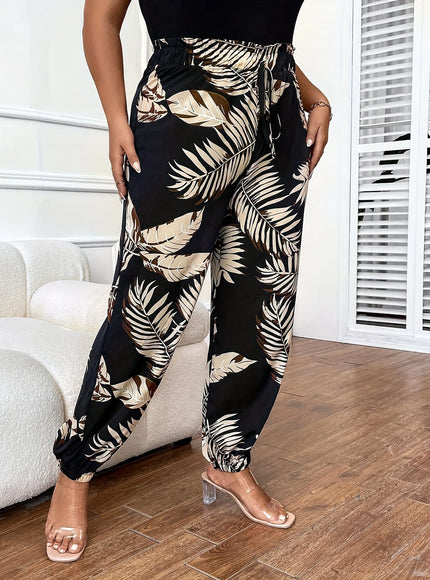 jkthpu-45 Plus Size Tropical Print FrontTie WideLeg Pants