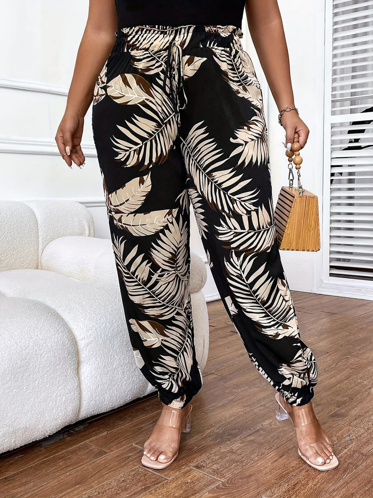 jkthpu-45 Plus Size Tropical Print FrontTie WideLeg Pants