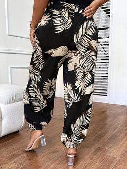 jkthpu-45 Plus Size Tropical Print FrontTie WideLeg Pants