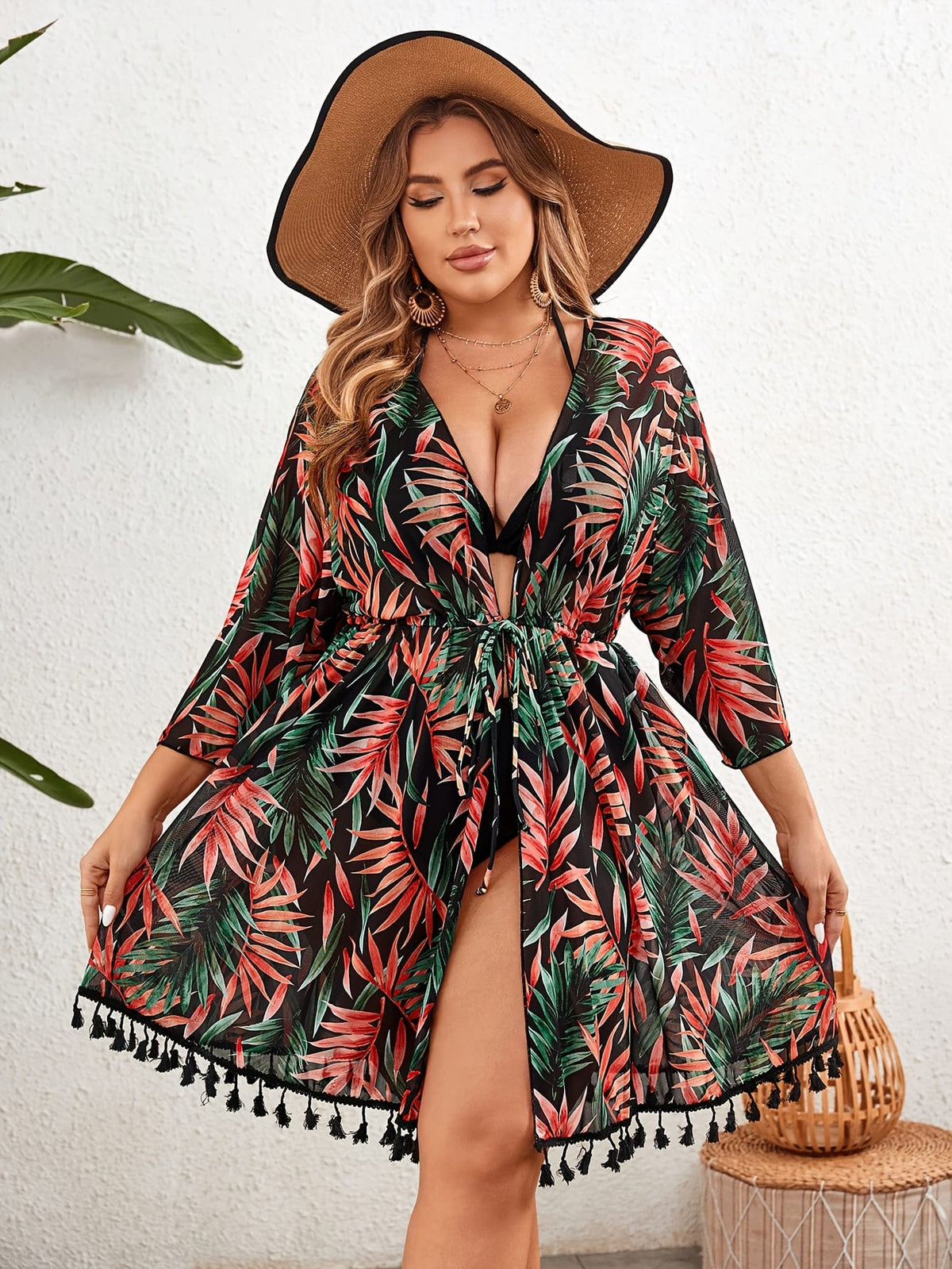 jkthpu-45 Plus Size Tropical VNeck Blouse for Chic Women