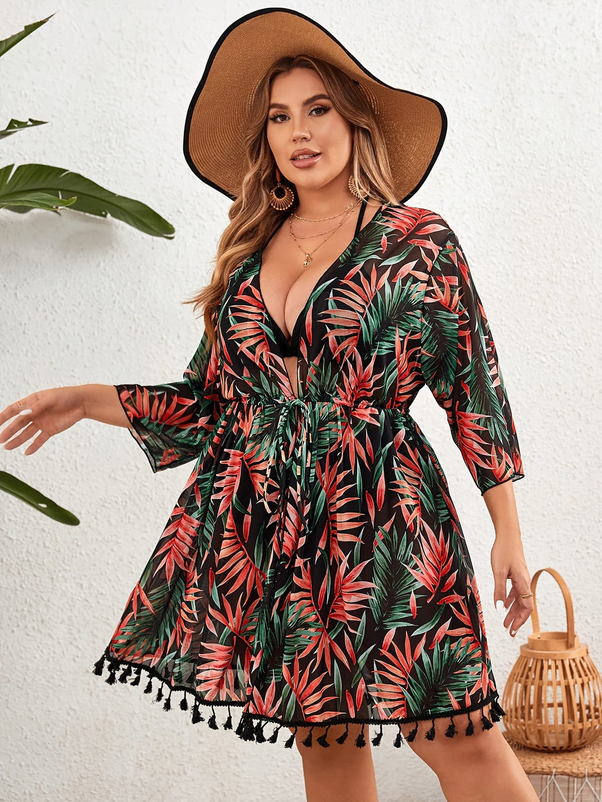 jkthpu-45 Plus Size Tropical VNeck Blouse for Chic Women