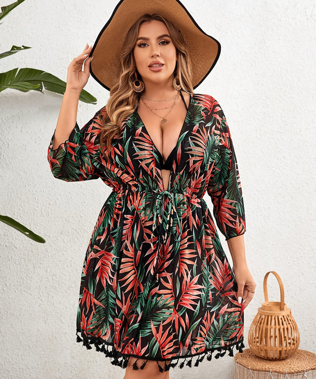 jkthpu-45 Plus Size Tropical VNeck Blouse for Chic Women