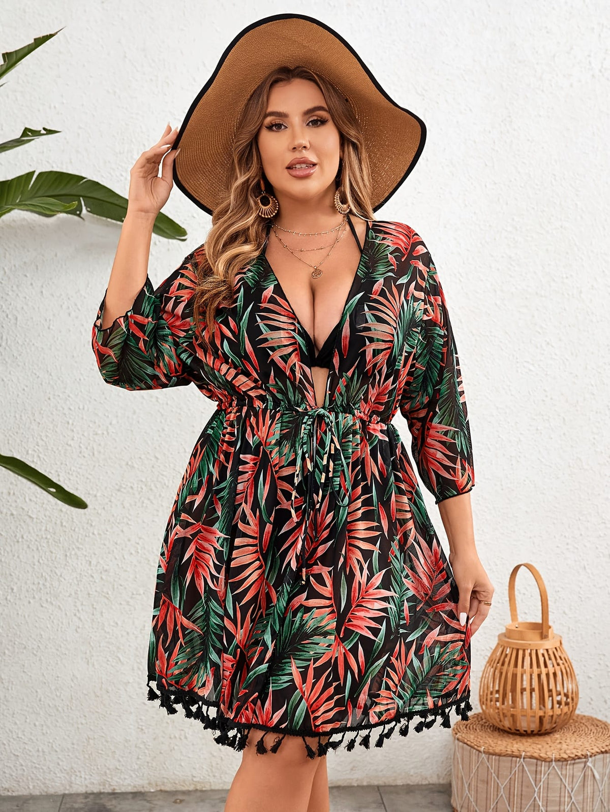 jkthpu-45 Plus Size Tropical VNeck Blouse for Chic Women