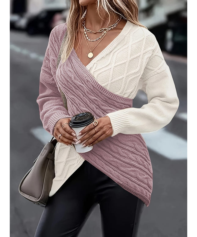 jkthpu-45 Plus Size Twist Front Colorblock VNeck Sweater