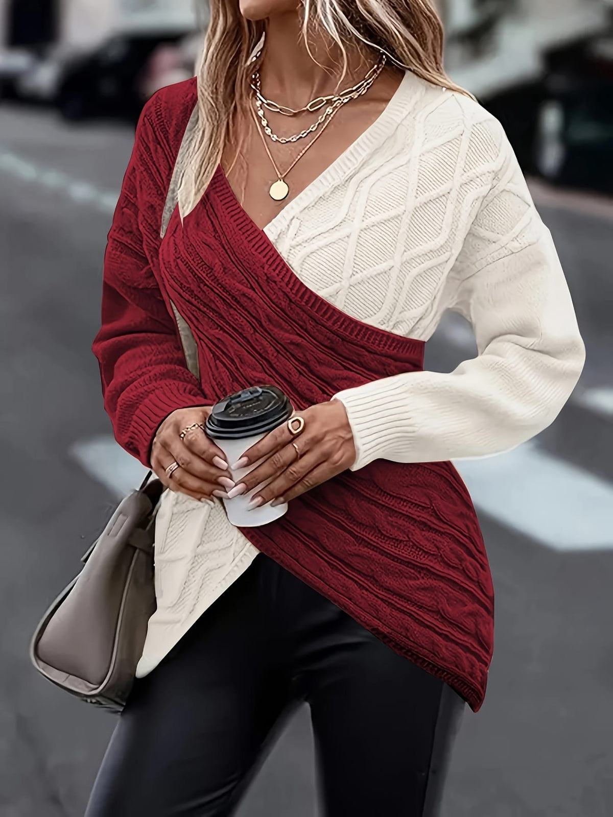 jkthpu-45 Plus Size Twist Front Colorblock VNeck Sweater