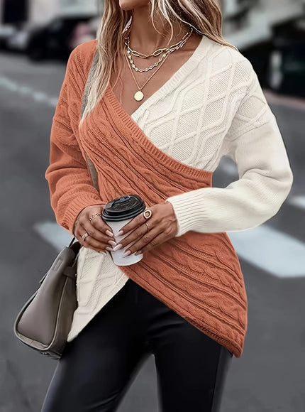 jkthpu-45 Plus Size Twist Front Colorblock VNeck Sweater