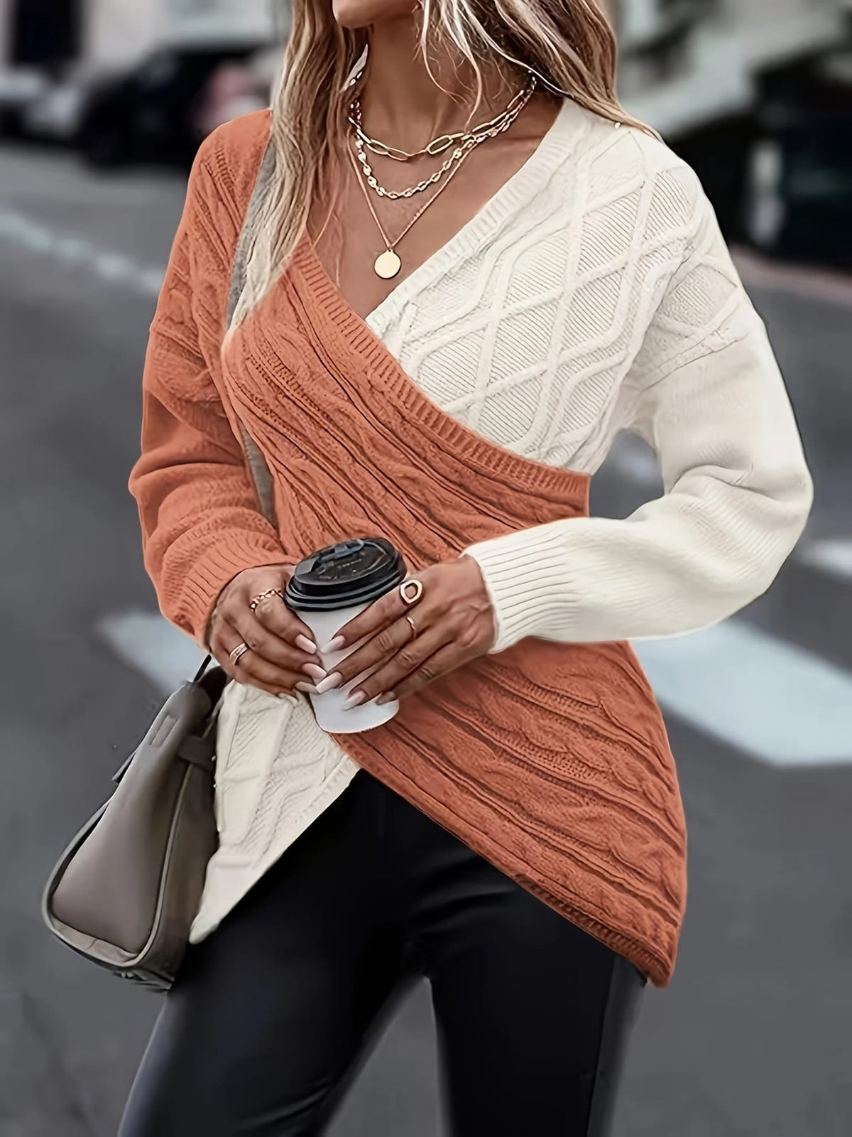 jkthpu-45 Plus Size Twist Front Colorblock VNeck Sweater