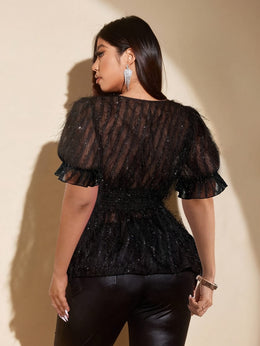 jkthpu-45 Plus Size V-Neck Blouse – Fringe Puff Sleeves & Black Sequin Detail