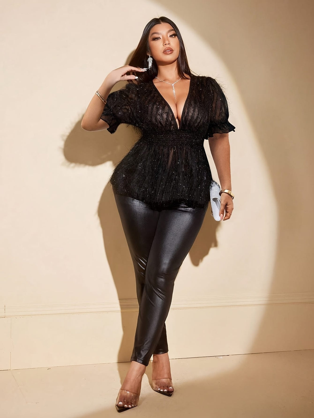 jkthpu-45 Plus Size V-Neck Blouse – Fringe Puff Sleeves & Black Sequin Detail