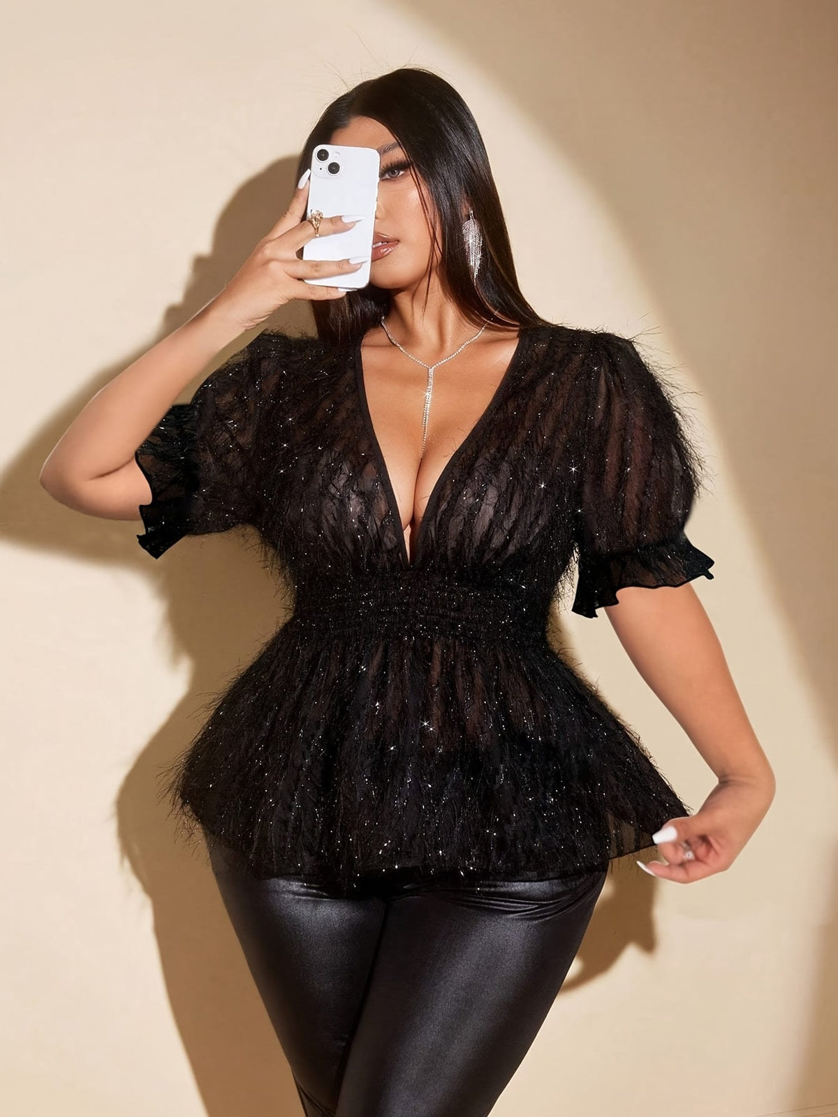 jkthpu-45 Plus Size V-Neck Blouse – Fringe Puff Sleeves & Black Sequin Detail