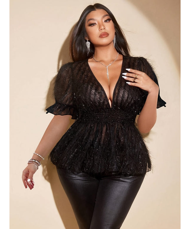 jkthpu-45 Plus Size V-Neck Blouse – Fringe Puff Sleeves & Black Sequin Detail