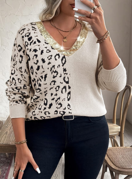 KissICON Plus Size V Neck Leopard Glitter Pullover Sweater