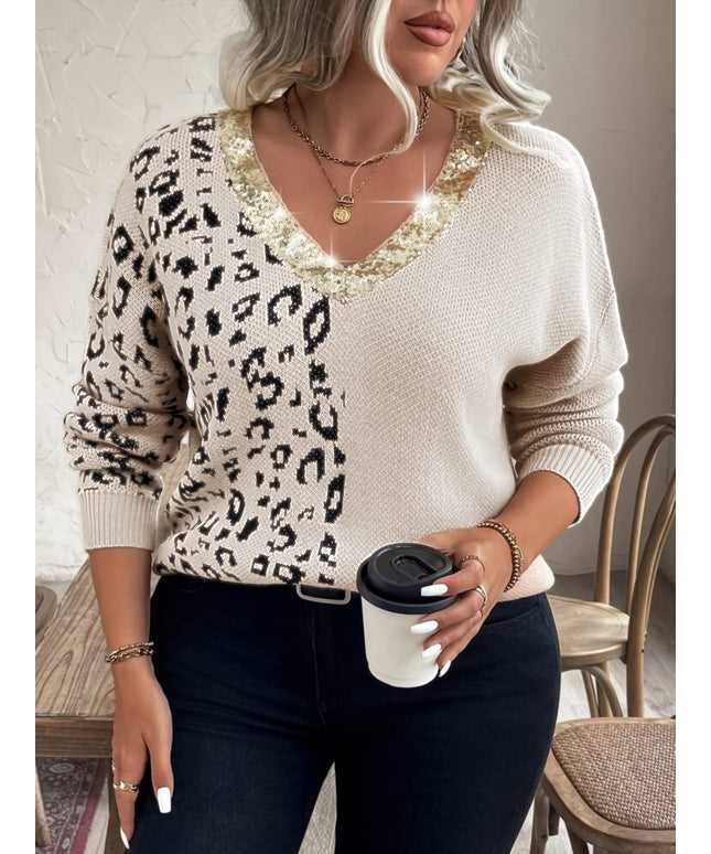 KissICON Plus Size V Neck Leopard Glitter Pullover Sweater