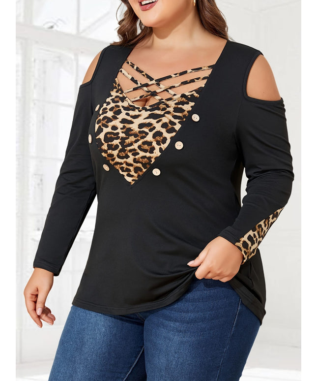 jkthpu-45 Plus Size V-Neck Long Sleeve Top – Leopard Print Panel & Shoulder Cutout
