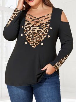 jkthpu-45 Plus Size V-Neck Long Sleeve Top – Leopard Print Panel & Shoulder Cutout