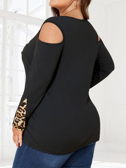 jkthpu-45 Plus Size V-Neck Long Sleeve Top – Leopard Print Panel & Shoulder Cutout