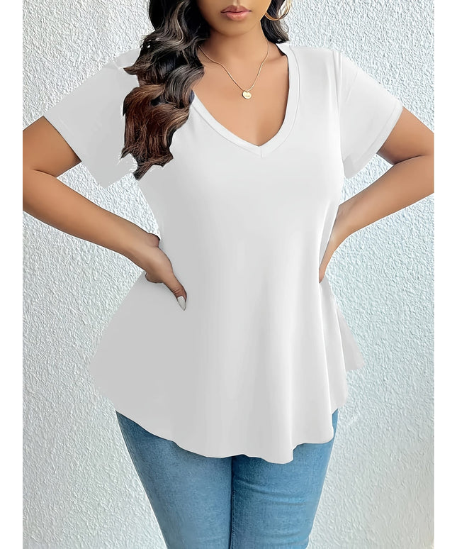 jkthpu-45 Plus Size V Neck Short Sleeve Casual Simple