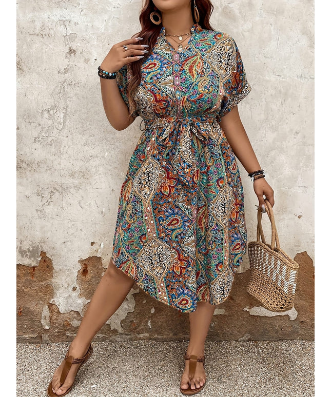 jkthpu-45 Plus Size Vintage Printed Short Sleeve Peplum Midi Dress with Belt, Floral Motif Cachemire, Mandarin Collar, Non-Stretch Woven Fabric, Spring/Summer Occasion, Flared Hem, Loose Silhouette, Festive Design, Pullover Placket, No Chest Pad, Regular Sleeve, 12