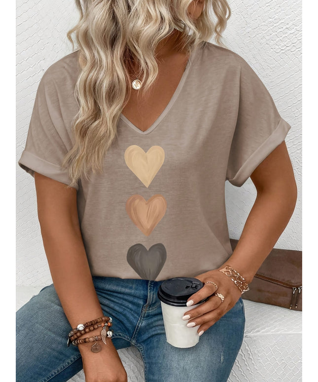 jkthpu-45 Plus Size VNeck Heart Print Batwing Tee