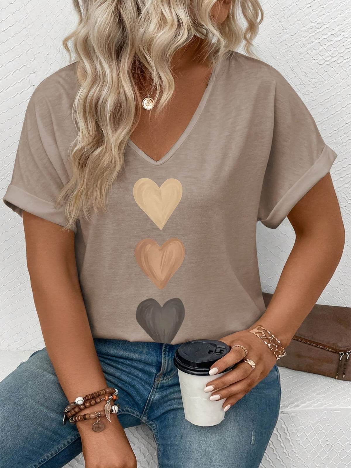 jkthpu-45 Plus Size VNeck Heart Print Batwing Tee