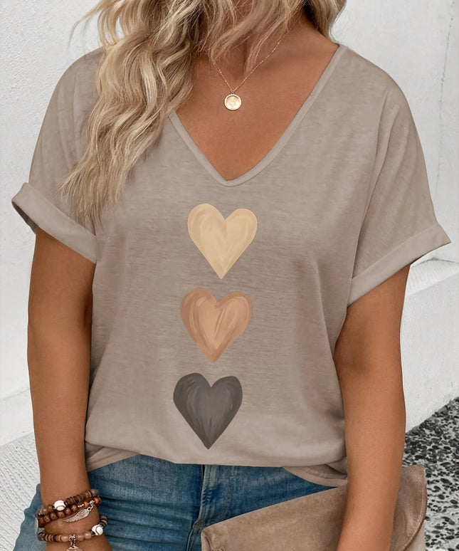 jkthpu-45 Plus Size VNeck Heart Print Batwing Tee