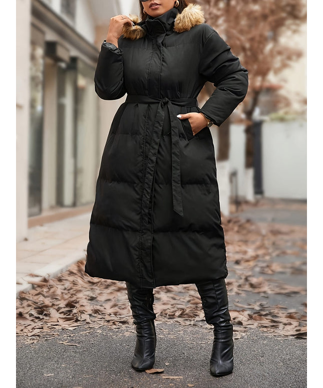 jkthpu-45 Plus Size WaistCinching OverKnee TieUp Coat