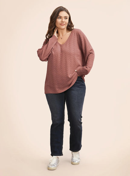 jkthpu-45 Plus Size Watermelon Red Asymmetric V-Neck Knit Pullover Sweater