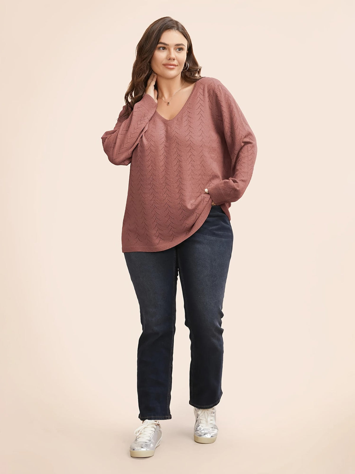 jkthpu-45 Plus Size Watermelon Red Asymmetric V-Neck Knit Pullover Sweater