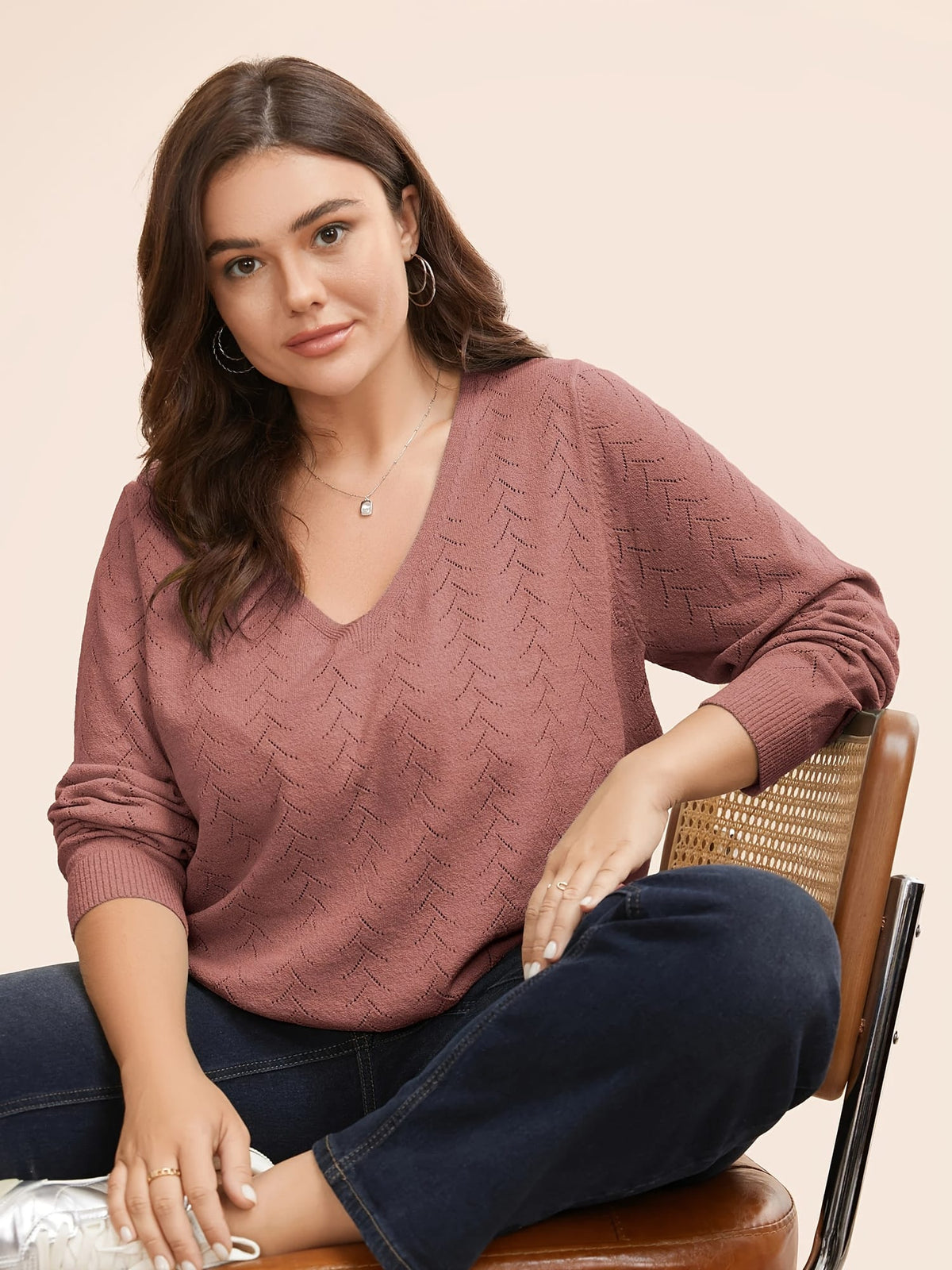 jkthpu-45 Plus Size Watermelon Red Asymmetric V-Neck Knit Pullover Sweater