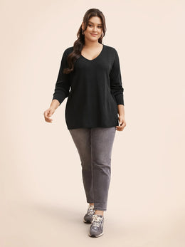 jkthpu-45 Plus Size Watermelon Red Asymmetric V-Neck Knit Pullover Sweater