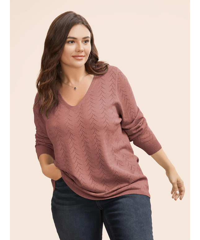 jkthpu-45 Plus Size Watermelon Red Asymmetric V-Neck Knit Pullover Sweater