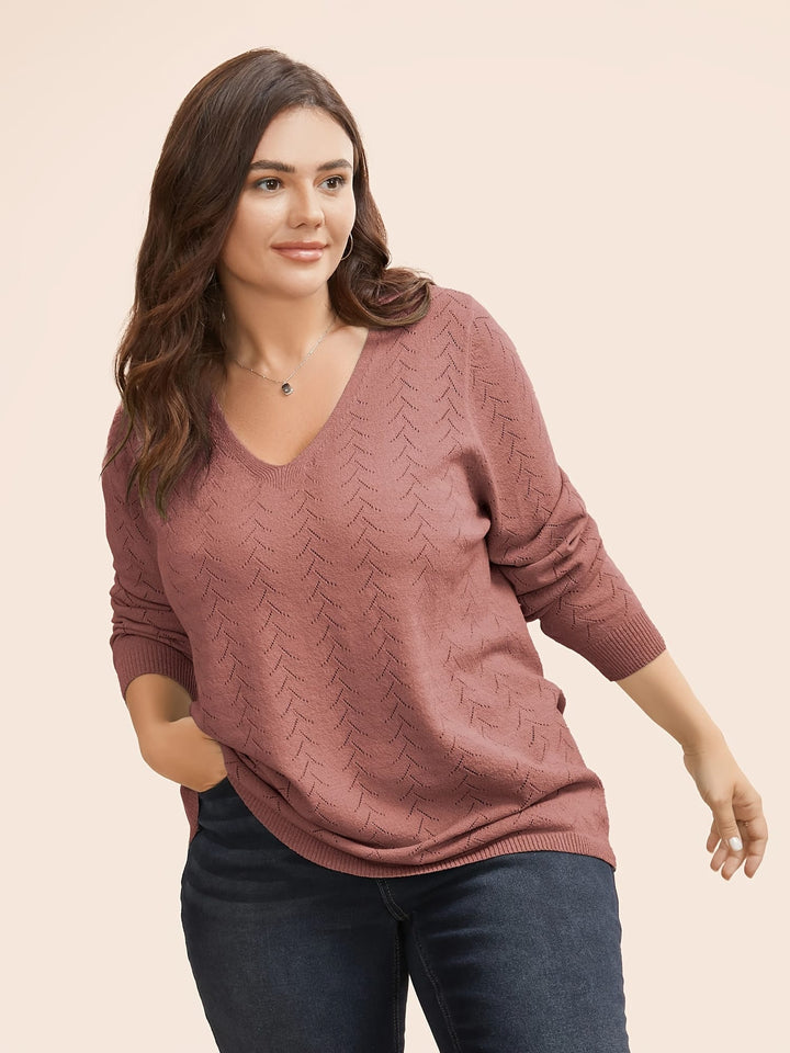 Plus Size Watermelon Red Asymmetric V-Neck Knit Pullover Sweater