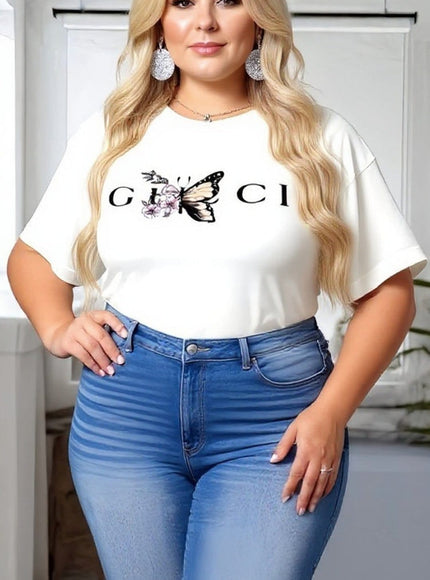KissICON Plus Size White Butterfly Print T-Shirt – Casual Short Sleeve Top