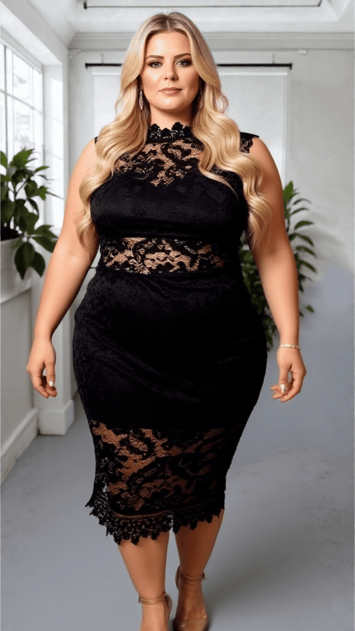 Plus Size White Lace Midi Dress – Cap Sleeve Elegant Mermaid Style Party & Wedding Outfit