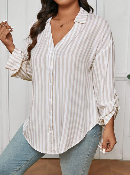 jkthpu-45 Plus Size White Striped Drop Shoulder Shirt – Asymmetric Hem Long Sleeve