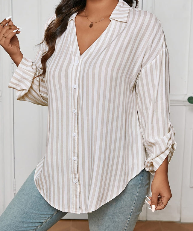 jkthpu-45 Plus Size White Striped Drop Shoulder Shirt – Asymmetric Hem Long Sleeve