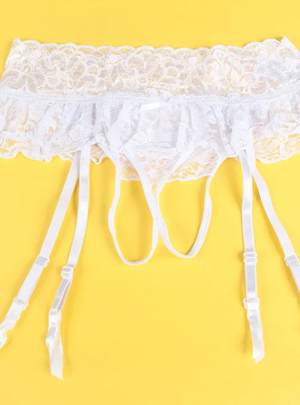 KissICON Plus size wholesale women's lotus leaf pleated edge hollow buttocks sexy lace garter belt underwear