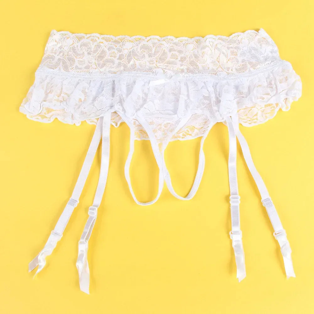 KissICON Plus size wholesale women's lotus leaf pleated edge hollow buttocks sexy lace garter belt underwear