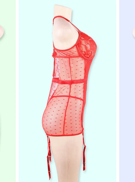 KissICON Plus Size Woman Night Dress Garter Lingerie Black Leotard Teddy Sexy Rompers Lace See Through Pajamas With Stocking Belts