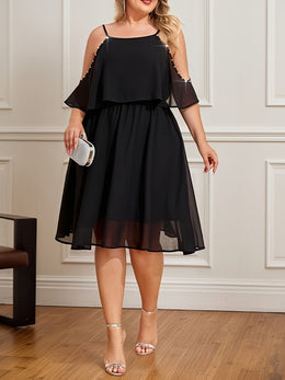 jkthpu-45 Plus Size Women Beads Chiffon Mini Dress Cold Shoulder Evening Party Swing Dress
