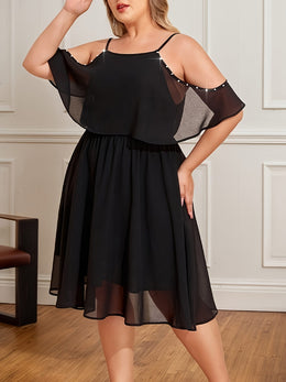 jkthpu-45 Plus Size Women Beads Chiffon Mini Dress Cold Shoulder Evening Party Swing Dress